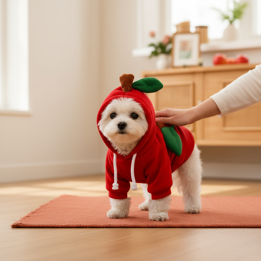 Dog wearing red apple costume hoodie being gently comforted by its owner at home