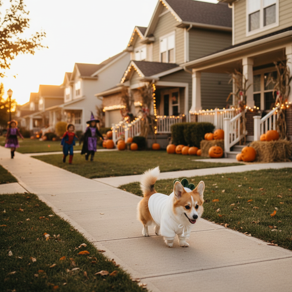 Corgi in a green cabbage costume hoodie trotting down a decorated suburban street on Halloween night