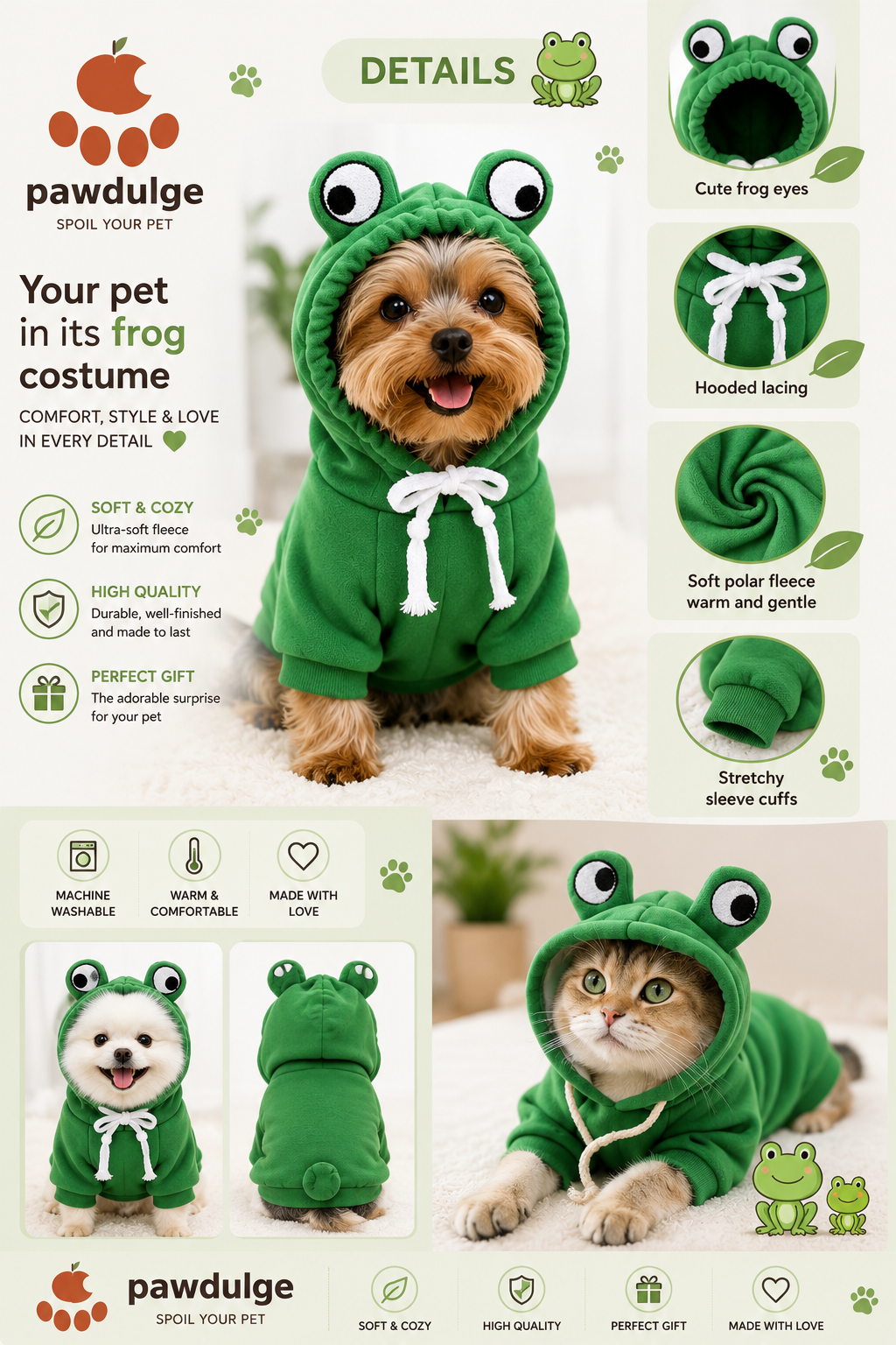 Pawdulge frog costume hoodie worn by Ayla the British Shorthair cat