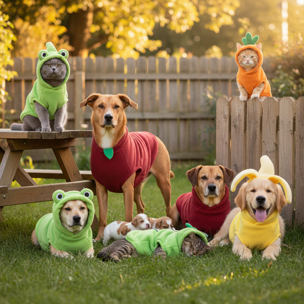 Group of pets in fruit costume hoodies gathered at a neighborhood costume meetup