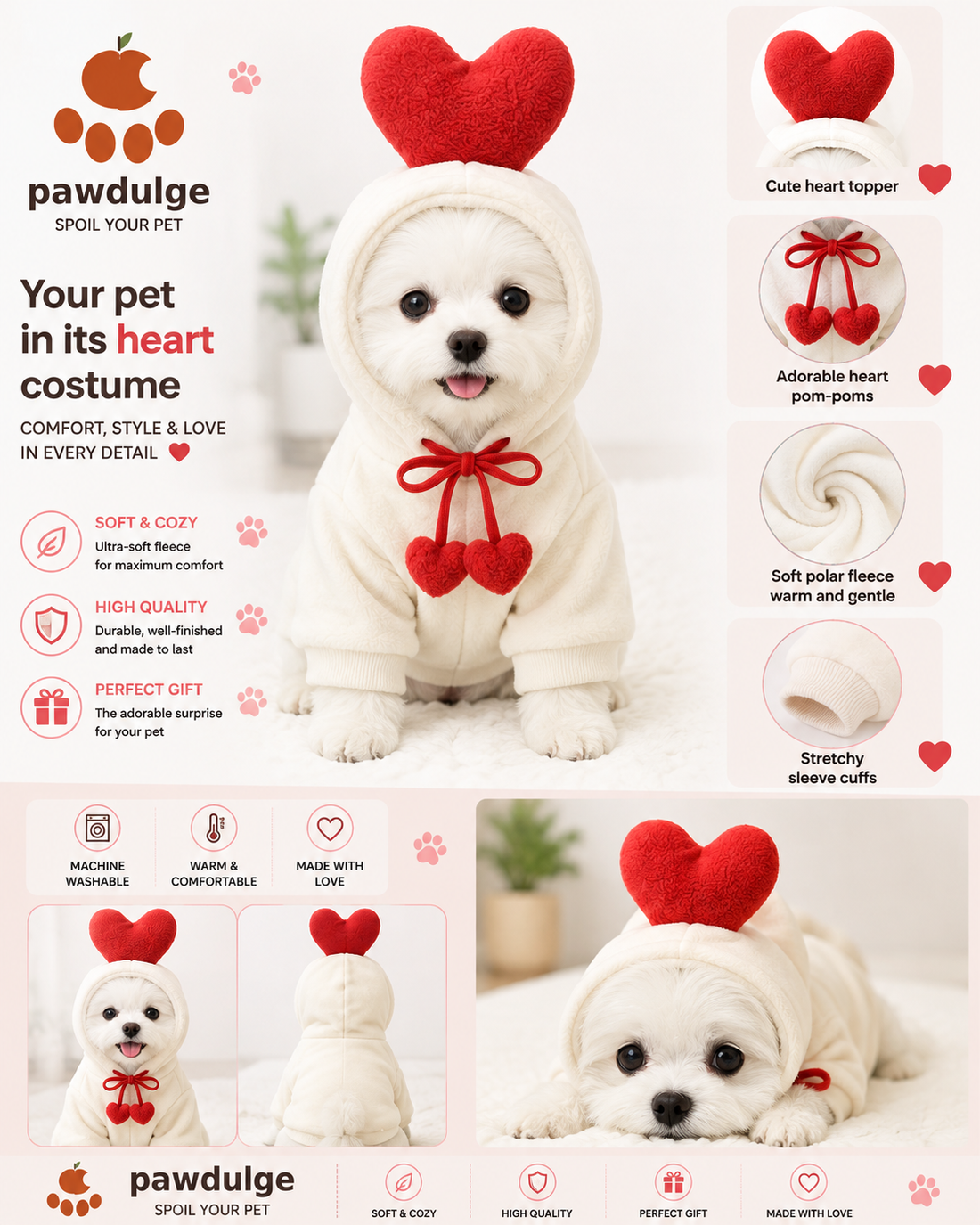 Dog wearing heart costume hoodie with plush heart on the back
