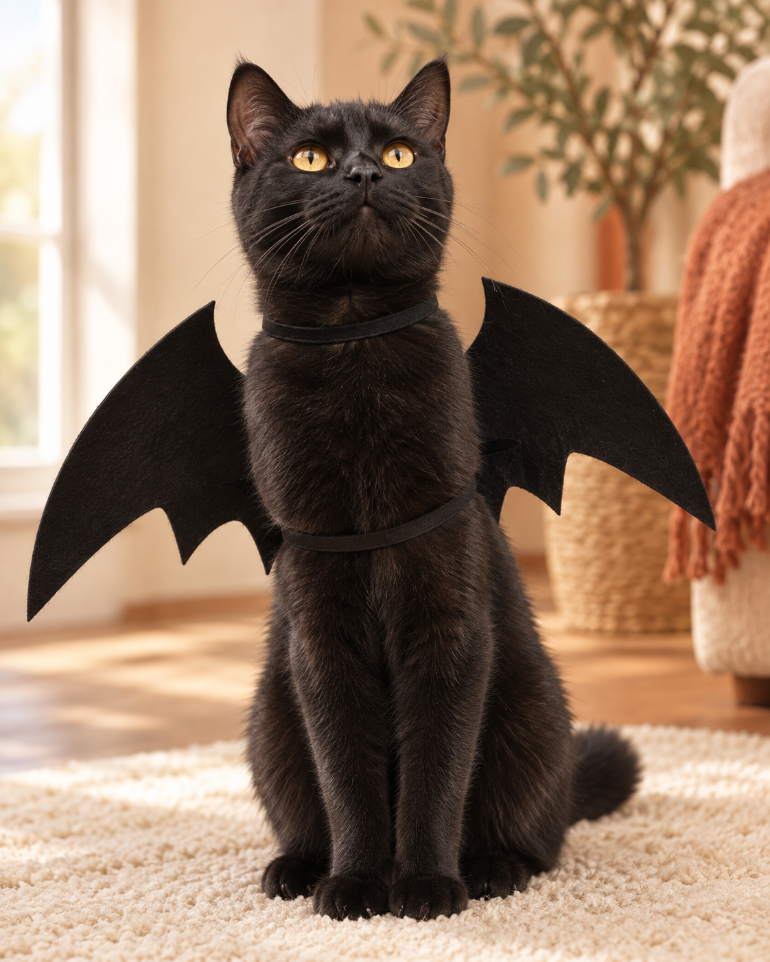 Black cat wearing a bat wings costume for cats, face and whiskers completely free