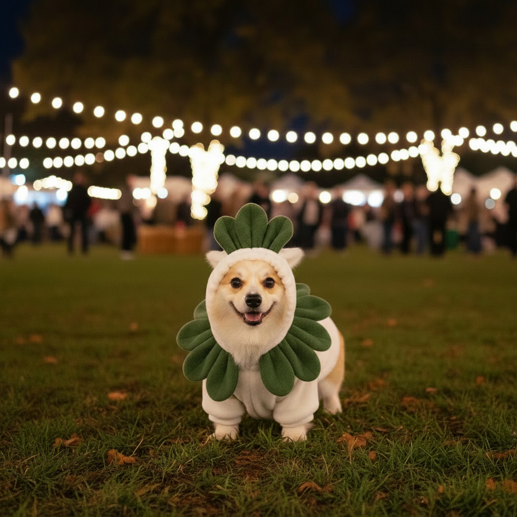 Corgi wearing cabbage costume hoodie with green felt leaves at a nighttime harvest fair with string lights