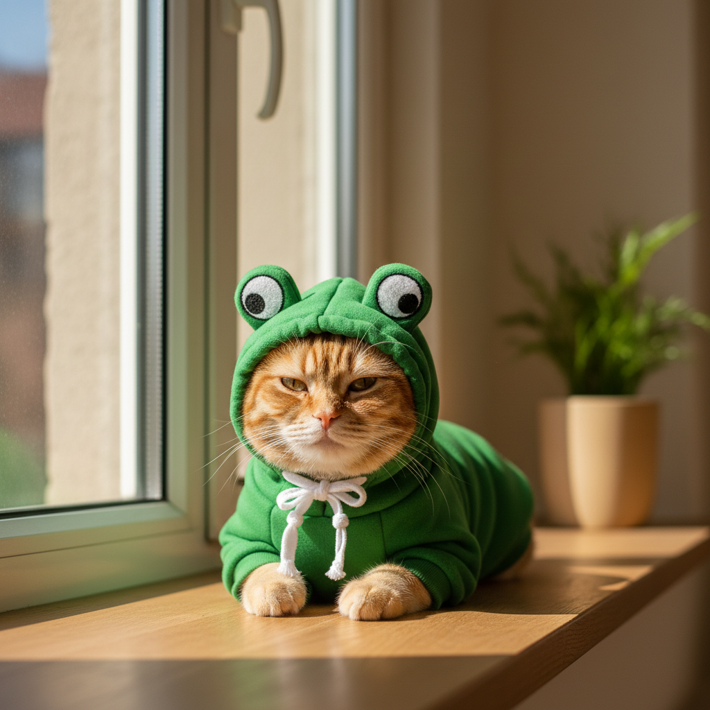 Orange tabby cat wearing a green frog costume hoodie sitting calmly on a sunlit windowsill