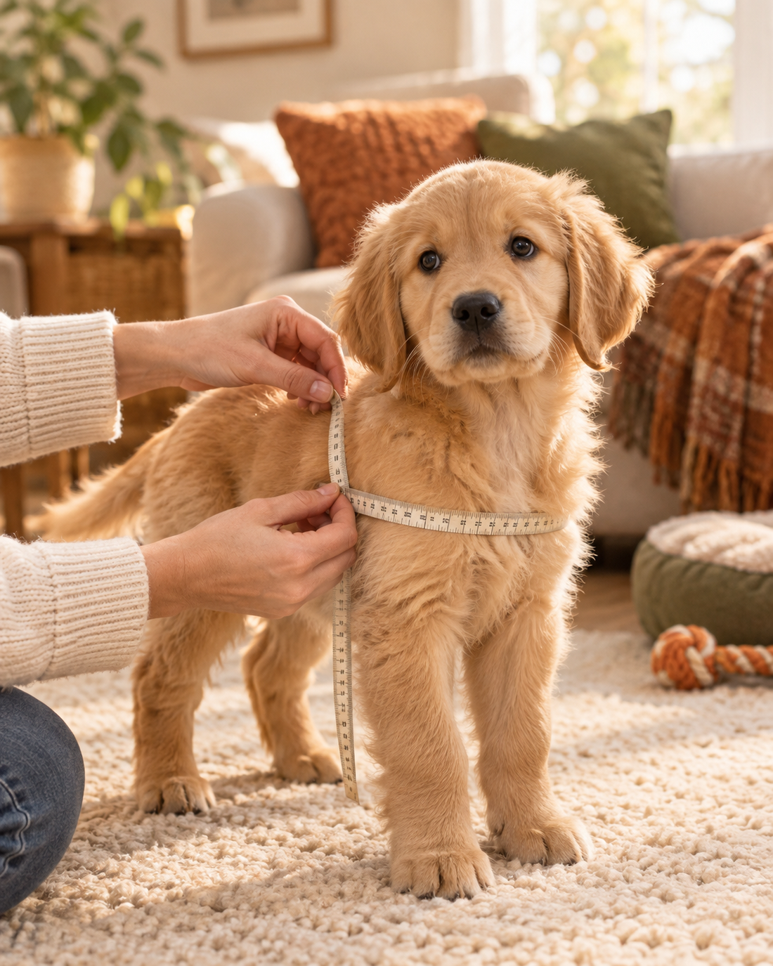 Measuring a golden retriever puppy's chest with a soft tape measure to find the right dog costume size