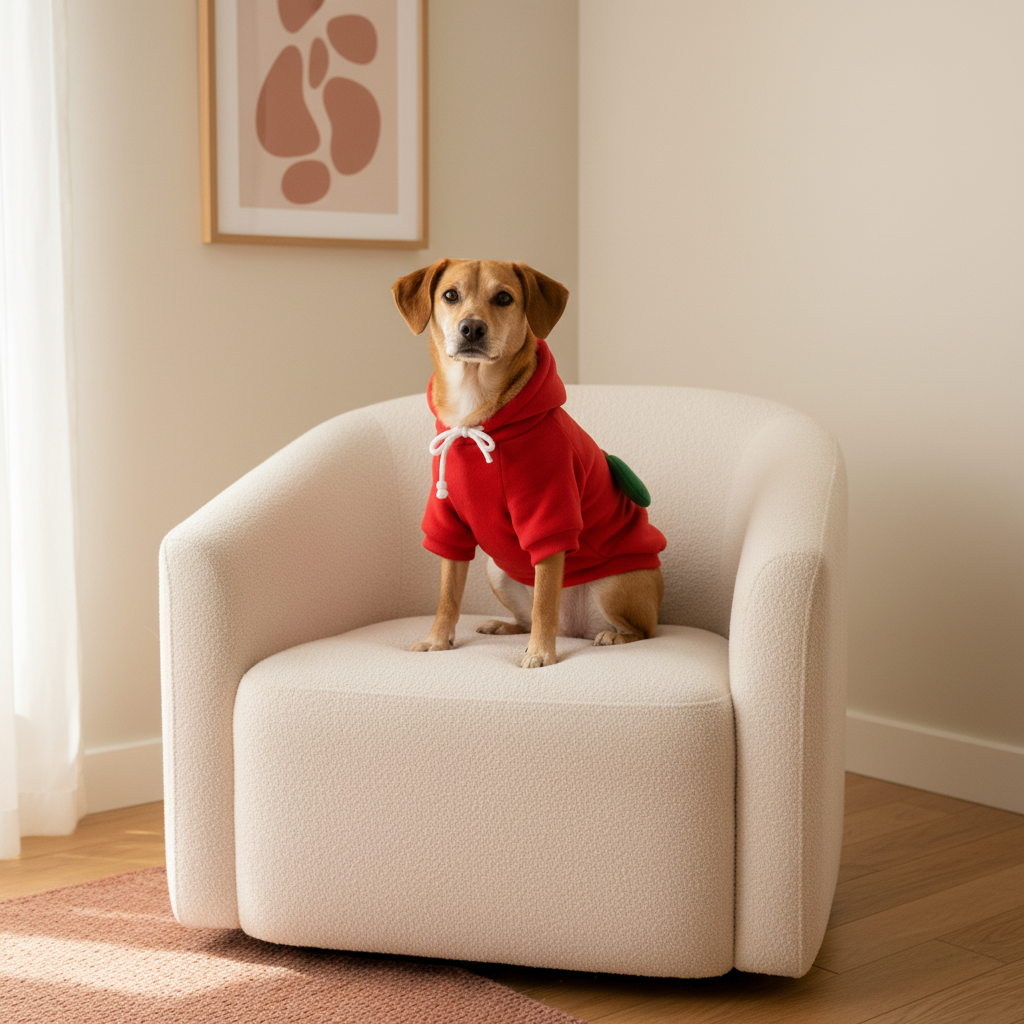 Rescue dog wearing a red apple costume hoodie sitting calmly on a cream armchair