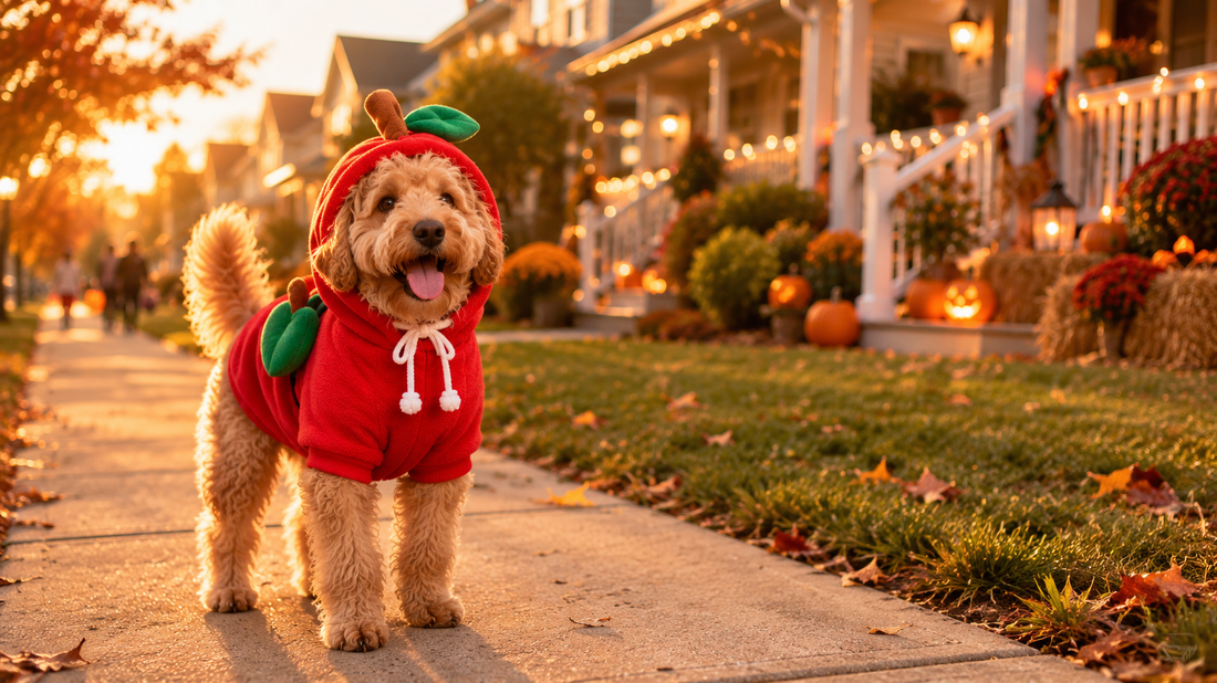 Rescue dog wearing a red apple costume hoodie on a suburban sidewalk at golden hour