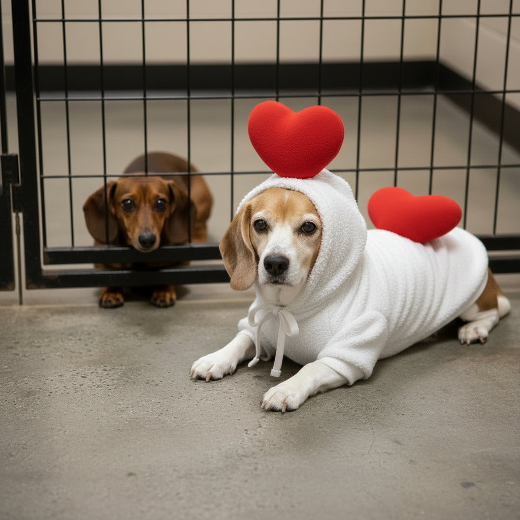Senior dog wearing heart costume hoodie with a plush heart stitched on the back