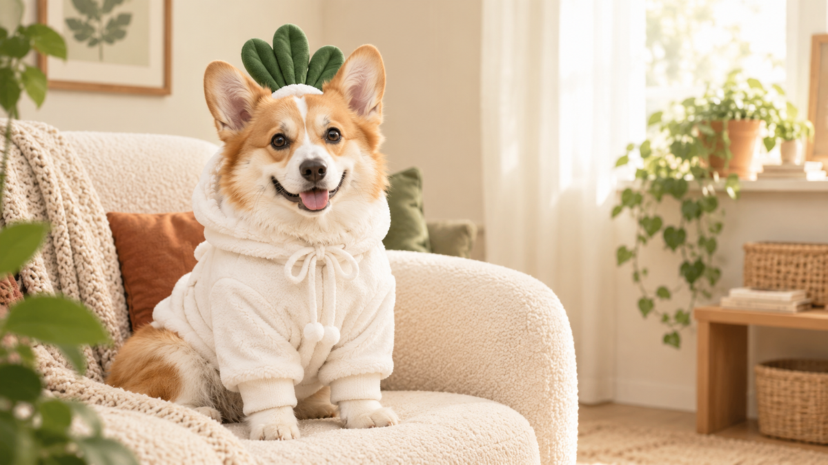 Corgi wearing a white fleece cabbage costume hoodie with green leaves on the hood, sitting on a cream armchair