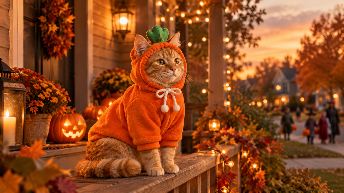 Decorated Halloween porch with pumpkins and string lights, orange tabby cat in a green frog costume hoodie on the railing