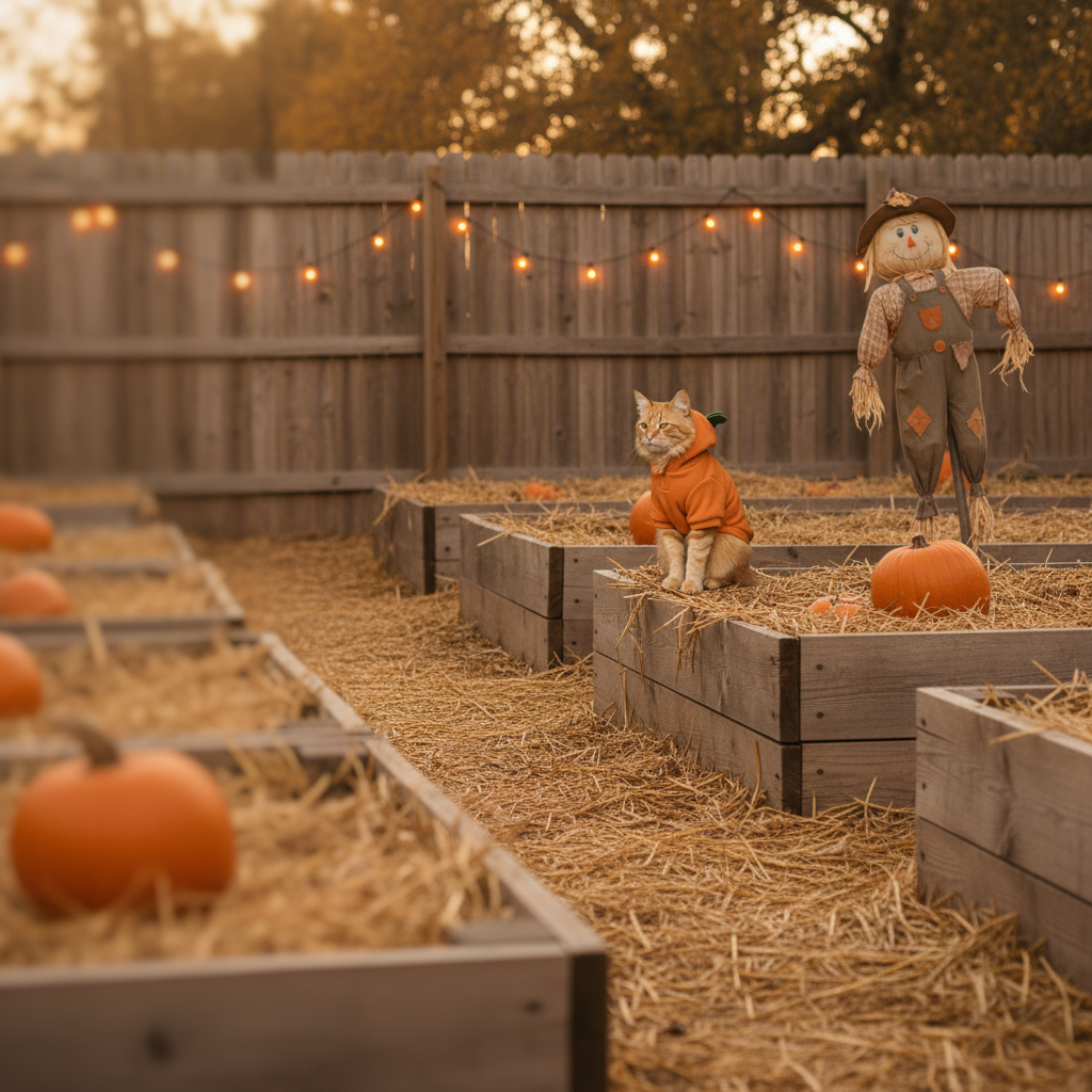 Autumn garden at dusk with pumpkins, string lights and a cat in a carrot costume hoodie