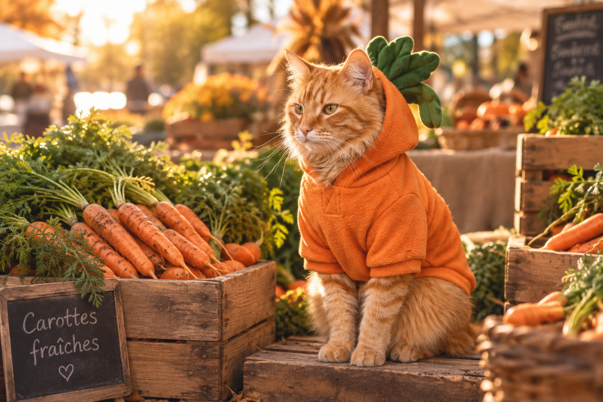 Cat in an orange carrot costume hoodie sitting among fresh carrots at a farmers market stall