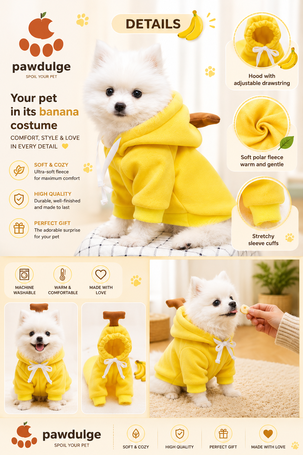 Small dog wearing yellow banana costume hoodie sitting on a kitchen counter next to a fruit bowl