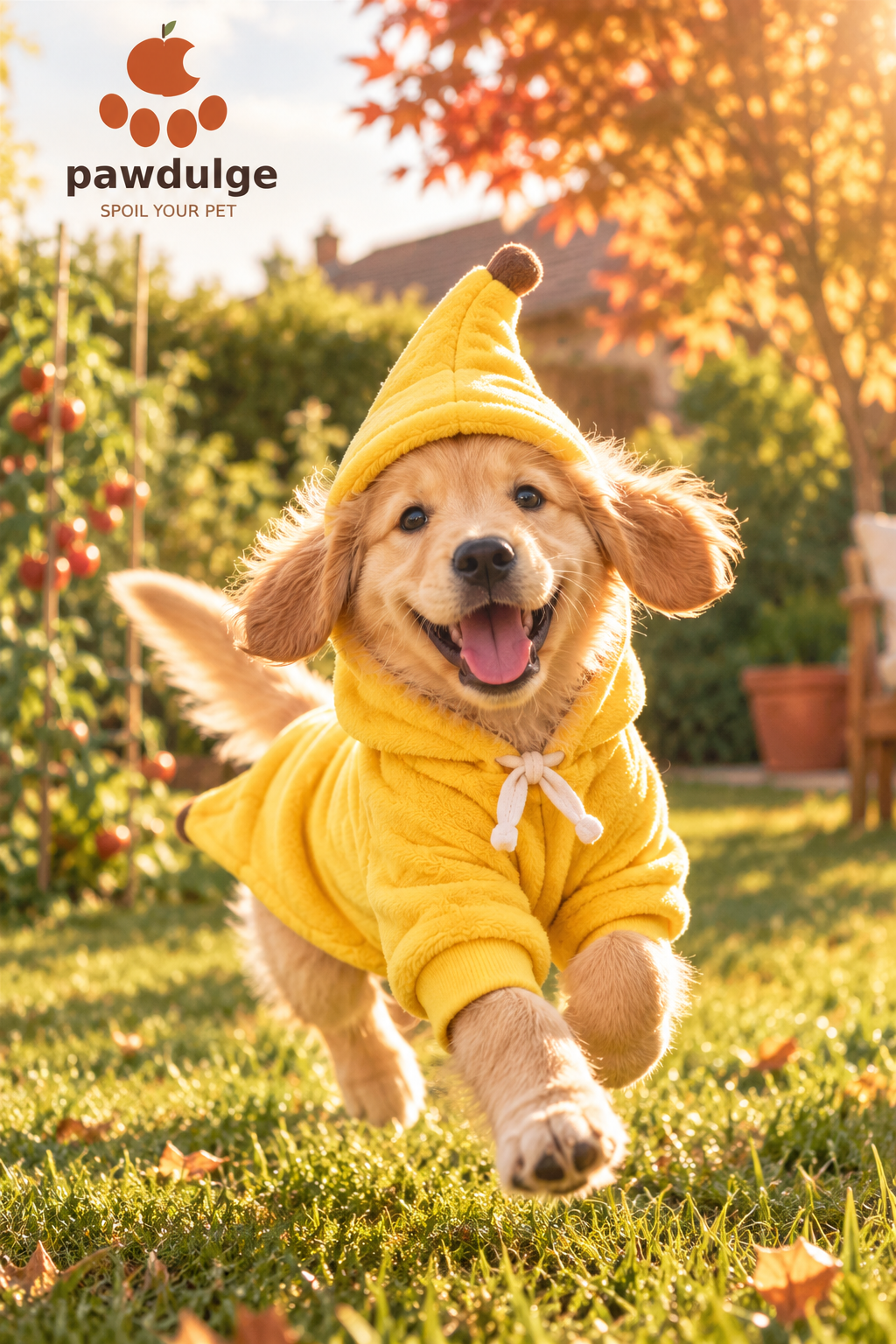 Golden retriever puppy in banana costume hoodie running zoomies in a sunny backyard