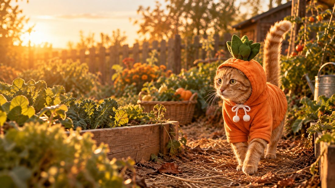 Ginger cat in an orange carrot costume hoodie walking through an autumn vegetable garden at golden hour