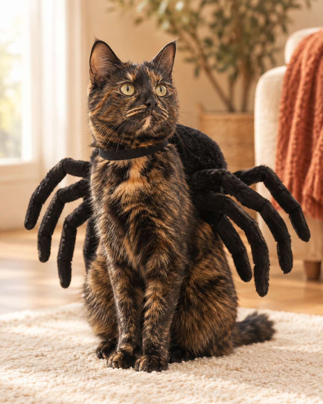 Tortoiseshell cat wearing a black felt spider costume for cats, face and whiskers completely free