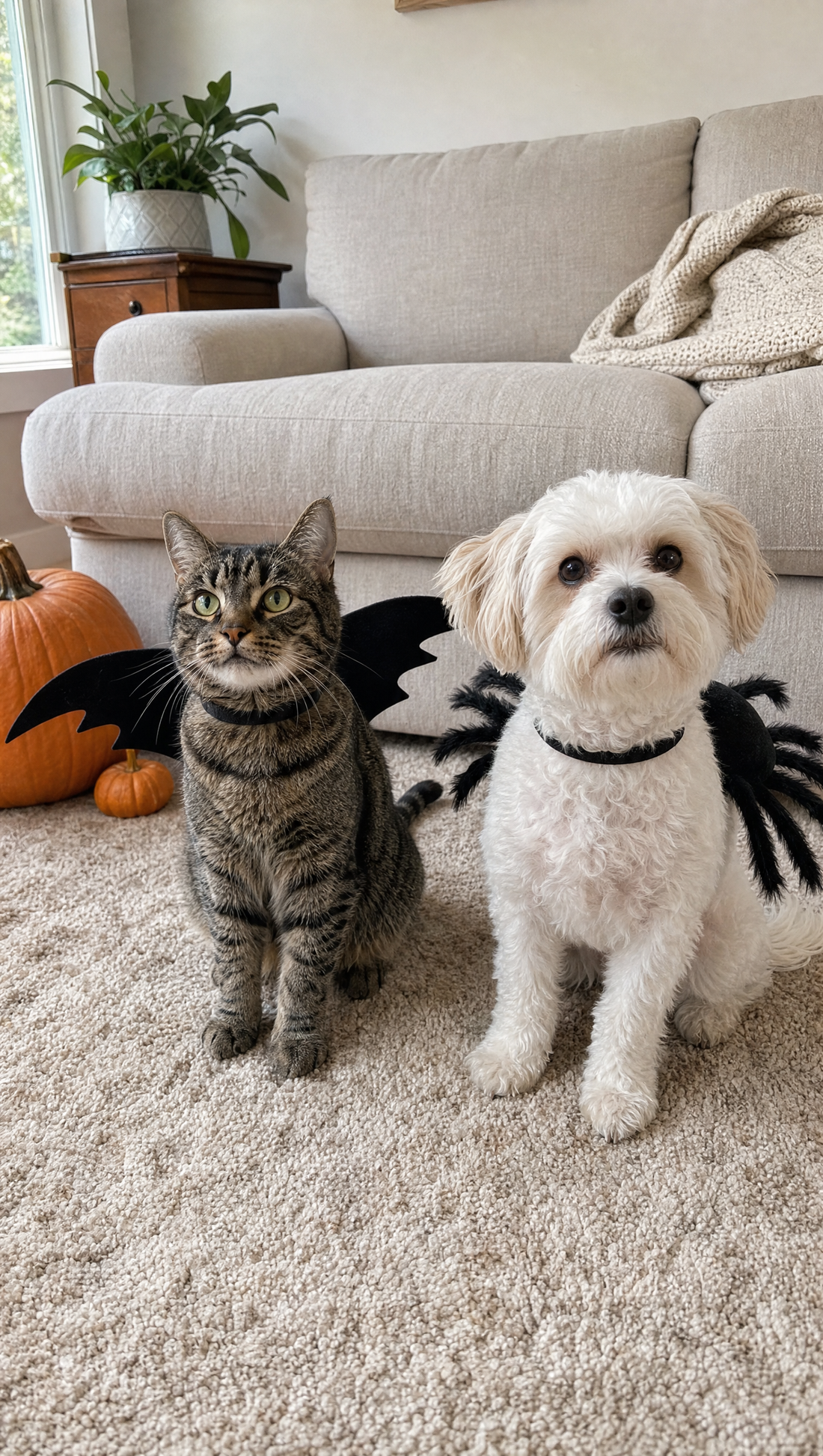 Pet costume that doesn't cover the face: tabby cat in bat wings and small white dog in a spider costume