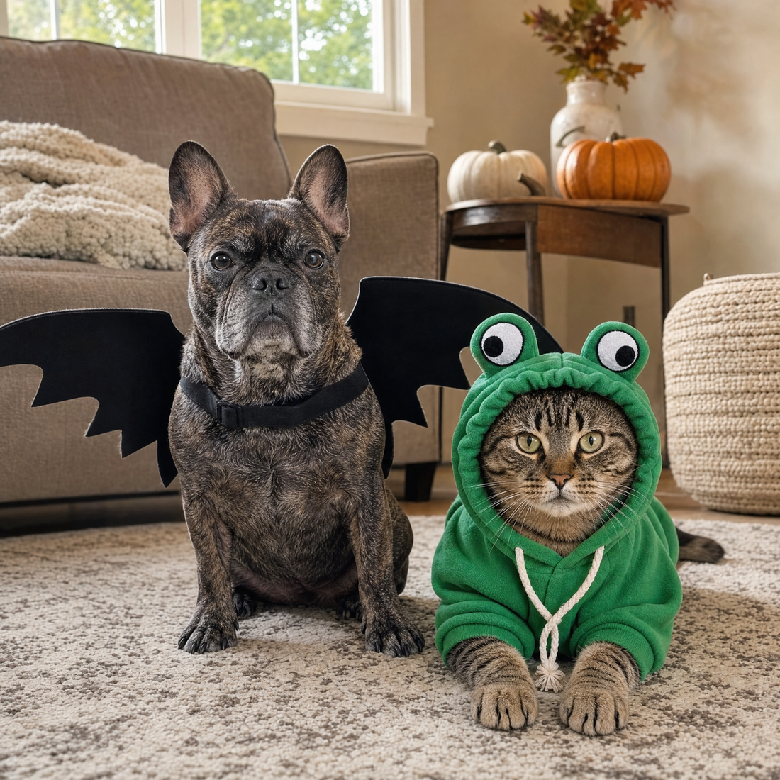 Pet Costume Hoodie size chart used to pick a Halloween costume for a French bulldog by chest size