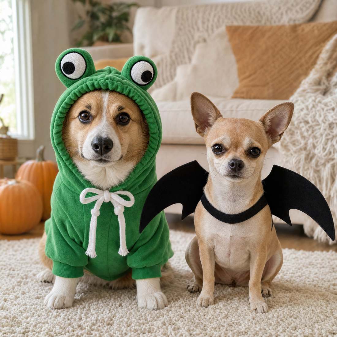 Small dog wearing a Halloween costume for a small dog, a cozy cabbage hoodie