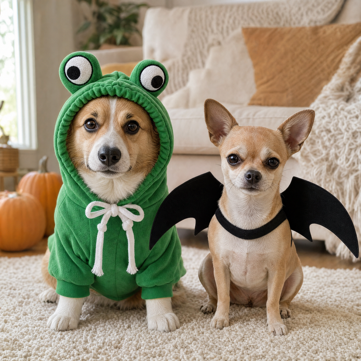 Small dog wearing a Halloween costume for a small dog, a cozy cabbage hoodie