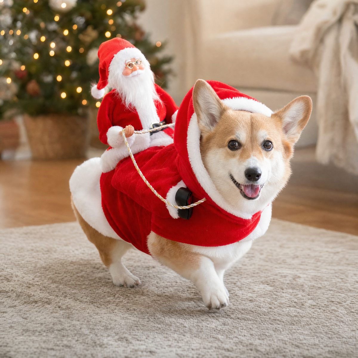 Santa riding dog costume with a plush Santa rider and reindeer-horn hood on a dog