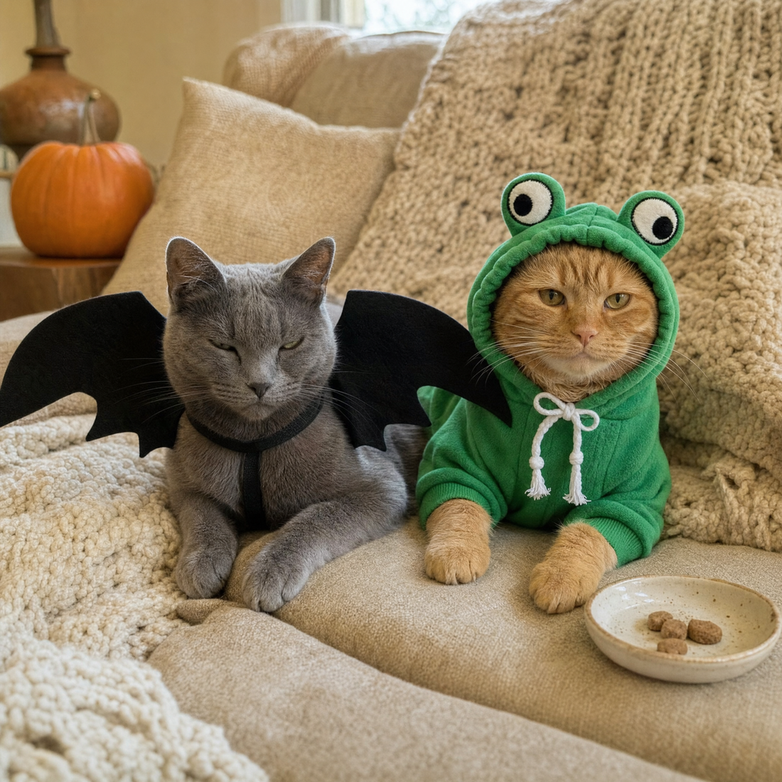 A cat calmly wearing a costume, showing how to get a cat used to wearing a costume