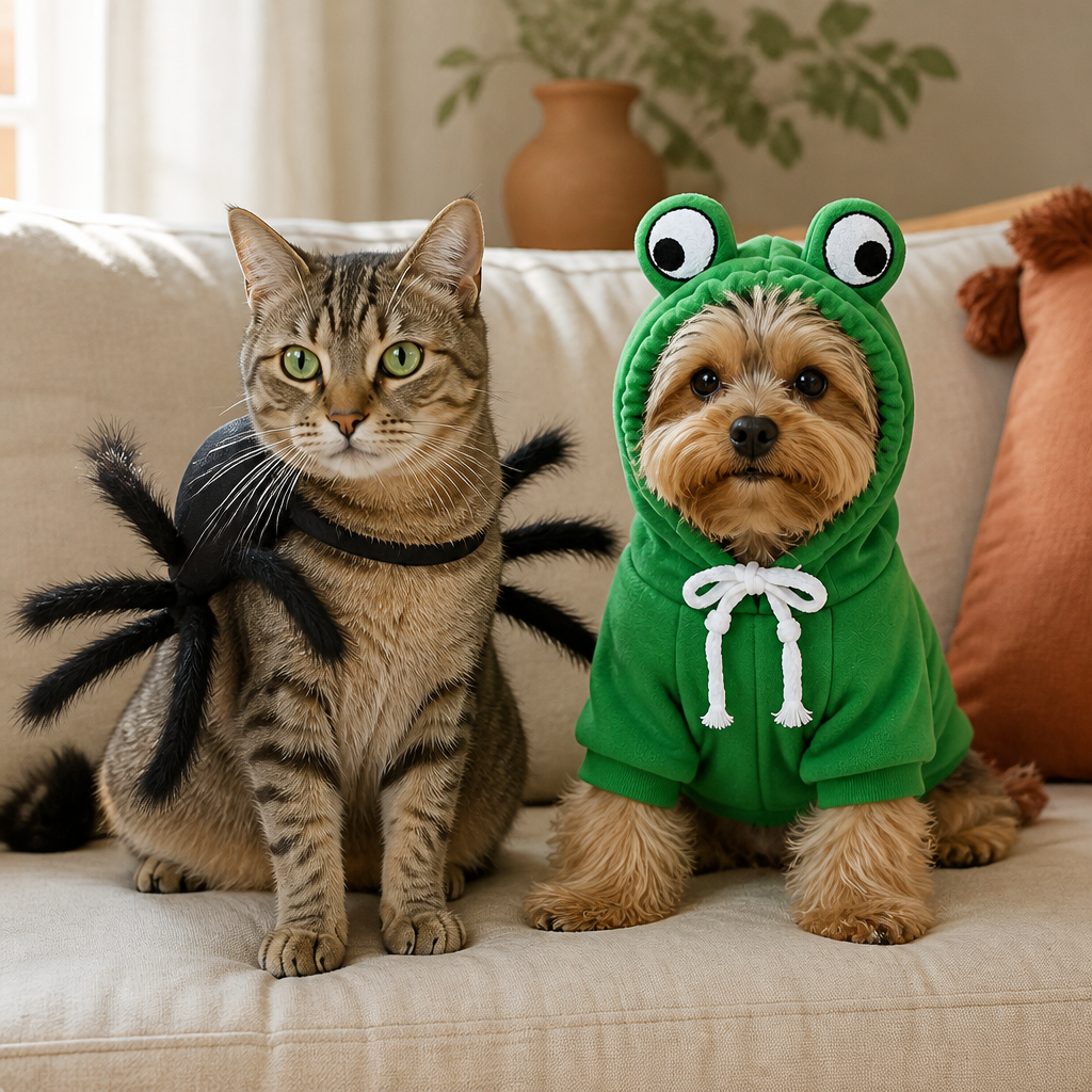 Pet costume safety tips: relaxed cat in a spider costume and small dog in a frog hoodie with well-fitted straps