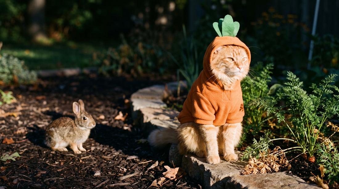 Cat wearing carrot costume hoodie sitting near a rabbit in a vegetable garden