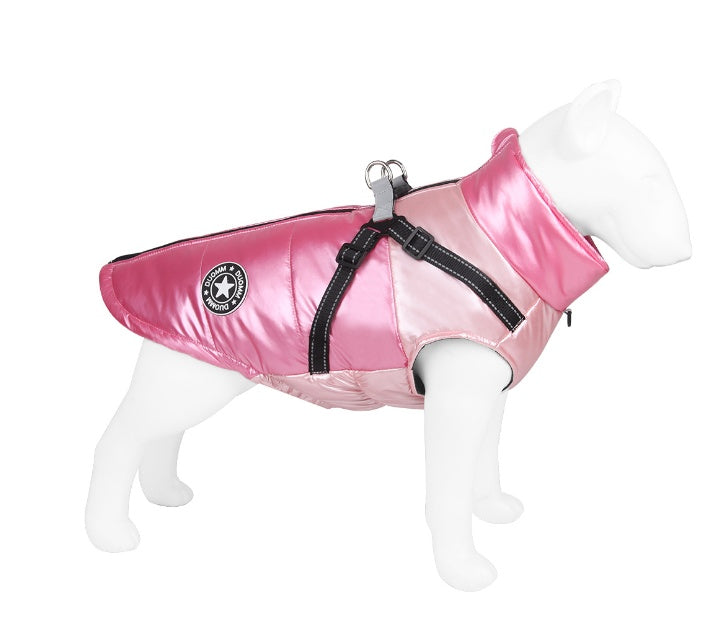 Metallic pink puffer dog jacket with built-in harness, side view