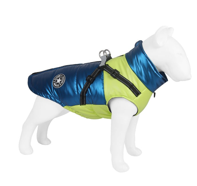 Blue and lime puffer dog jacket with built-in harness, side view