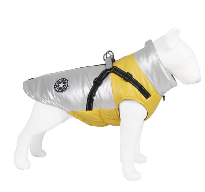 Silver and yellow puffer dog jacket with built-in harness, side view