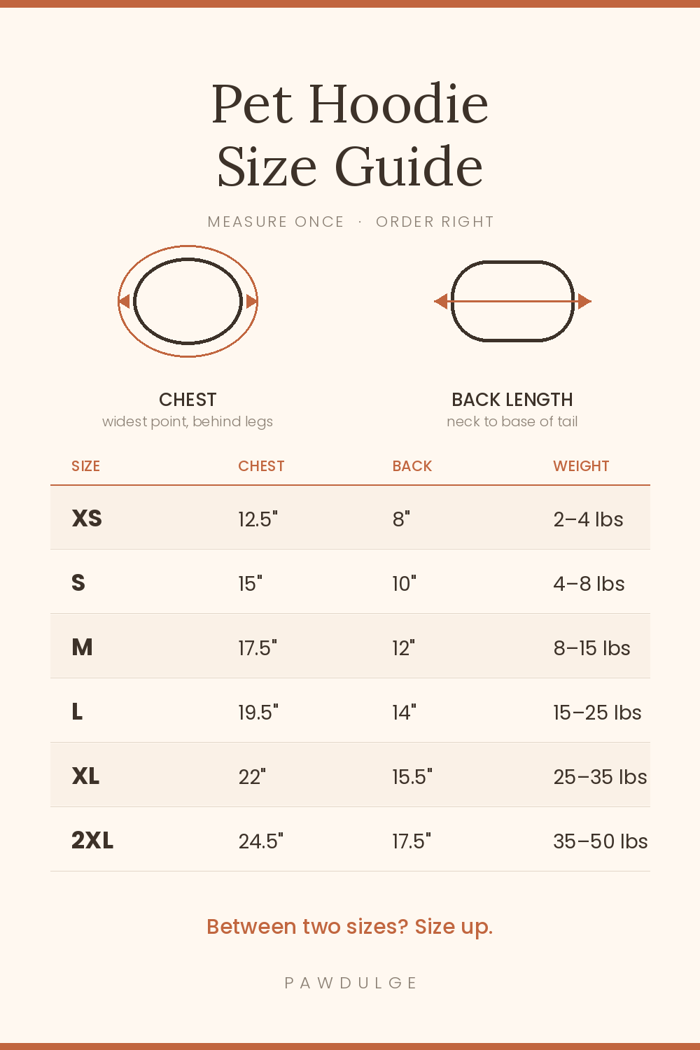 Pawdulge pet hoodie size chart with chest and back length measurements for sizes XS to 2XL