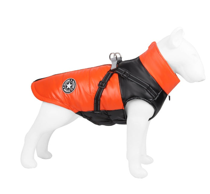 Orange and black puffer dog jacket with built-in harness