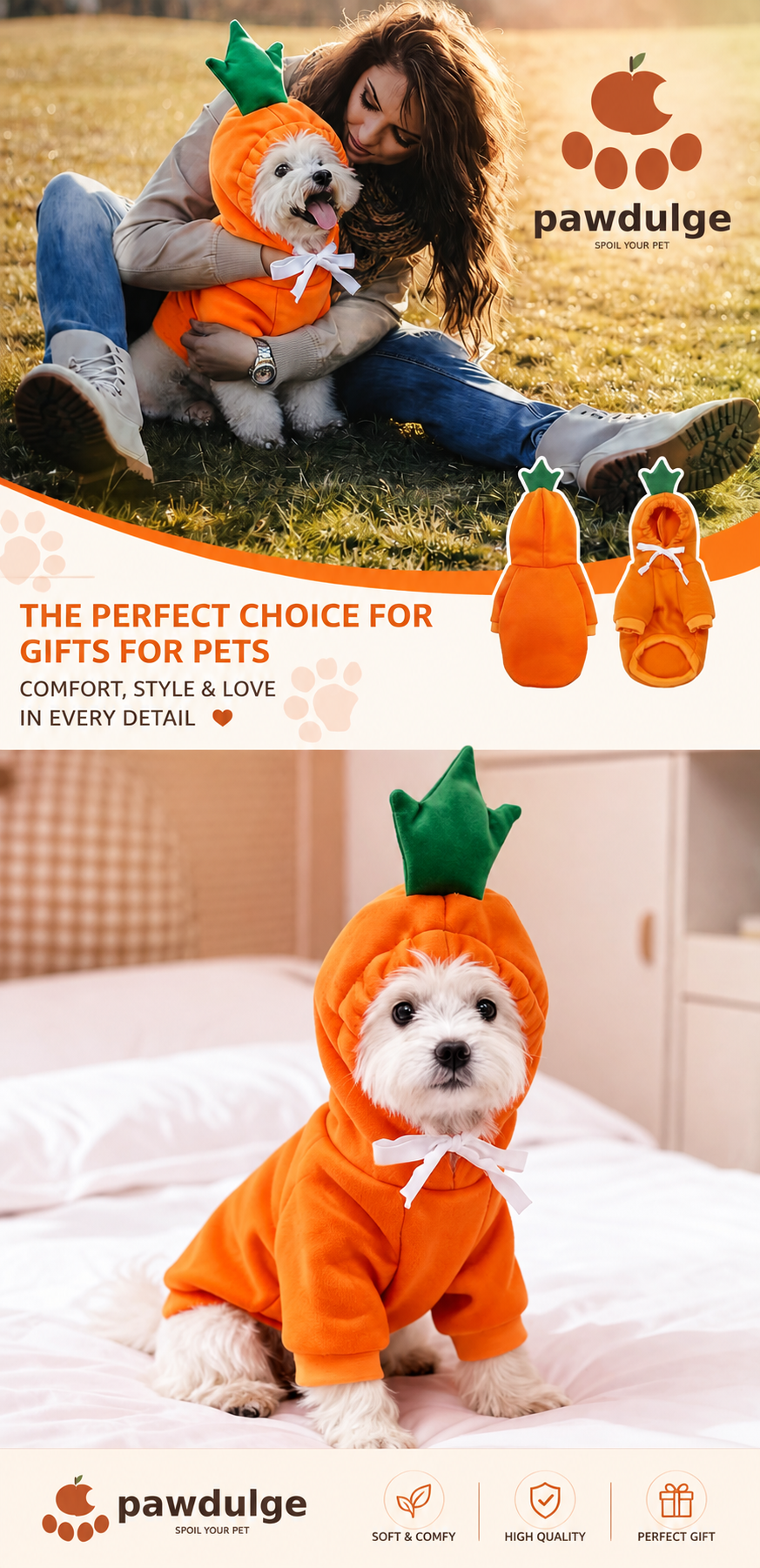Pawdulge carrot costume hoodie - happy owner cuddling her dog outdoors
