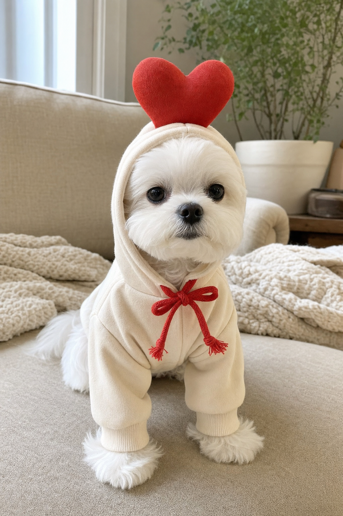 Pawdulge Heart costume hoodie for dogs and cats: cream cotton hoodie with a plush red heart on the hood and a red tie drawstring