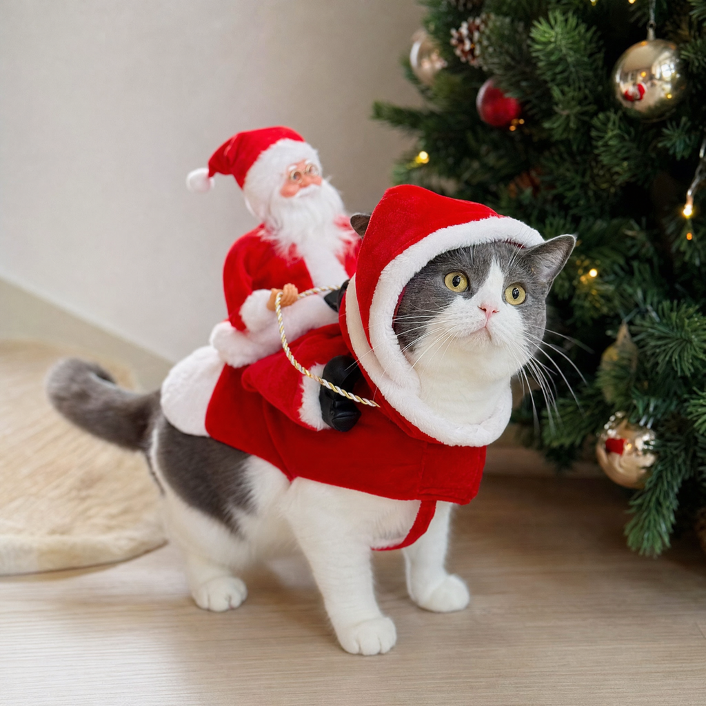 Funny Christmas cat costume: Santa riding on a British Shorthair cat in a red hooded cape