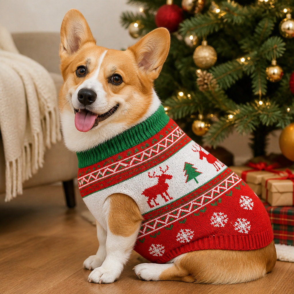 Corgi wearing reindeer Christmas knit sweater by the Christmas tree