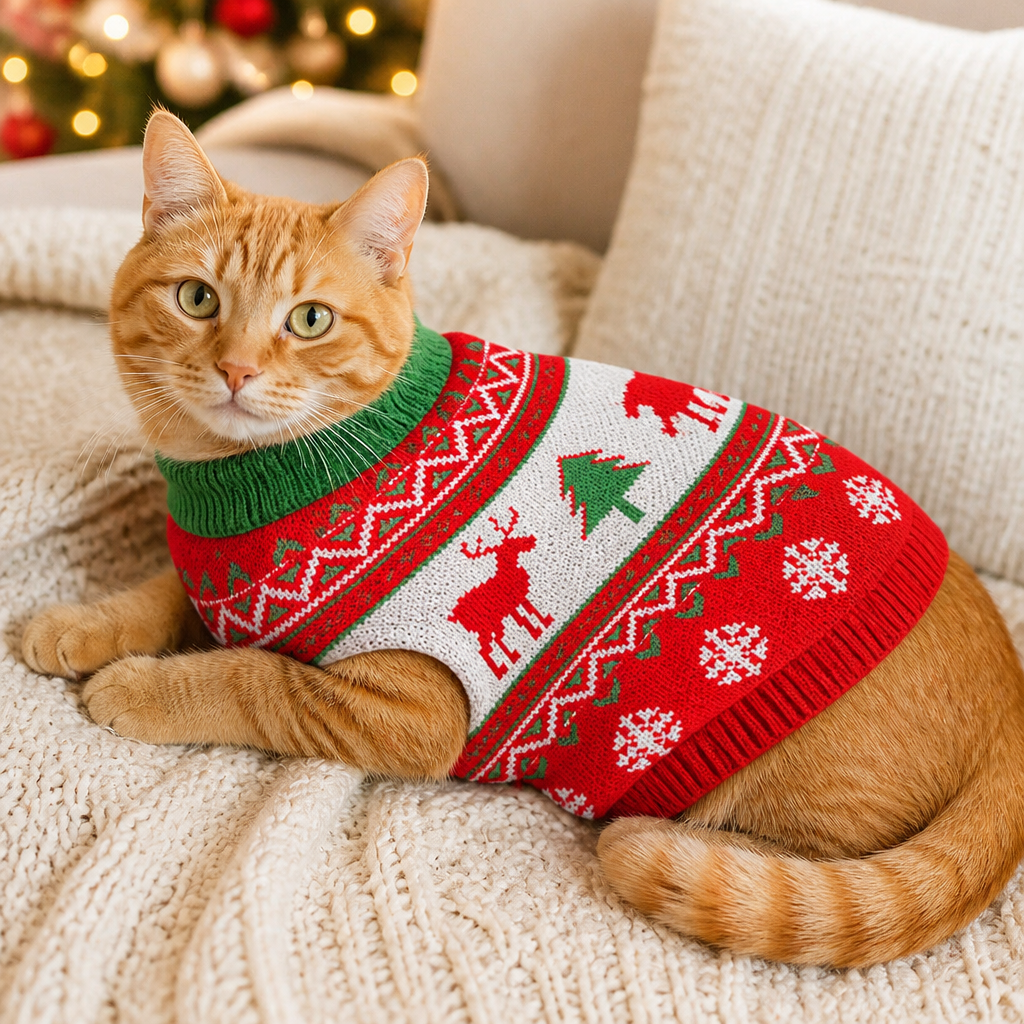 Cat wearing reindeer ugly Christmas sweater on a cozy sofa
