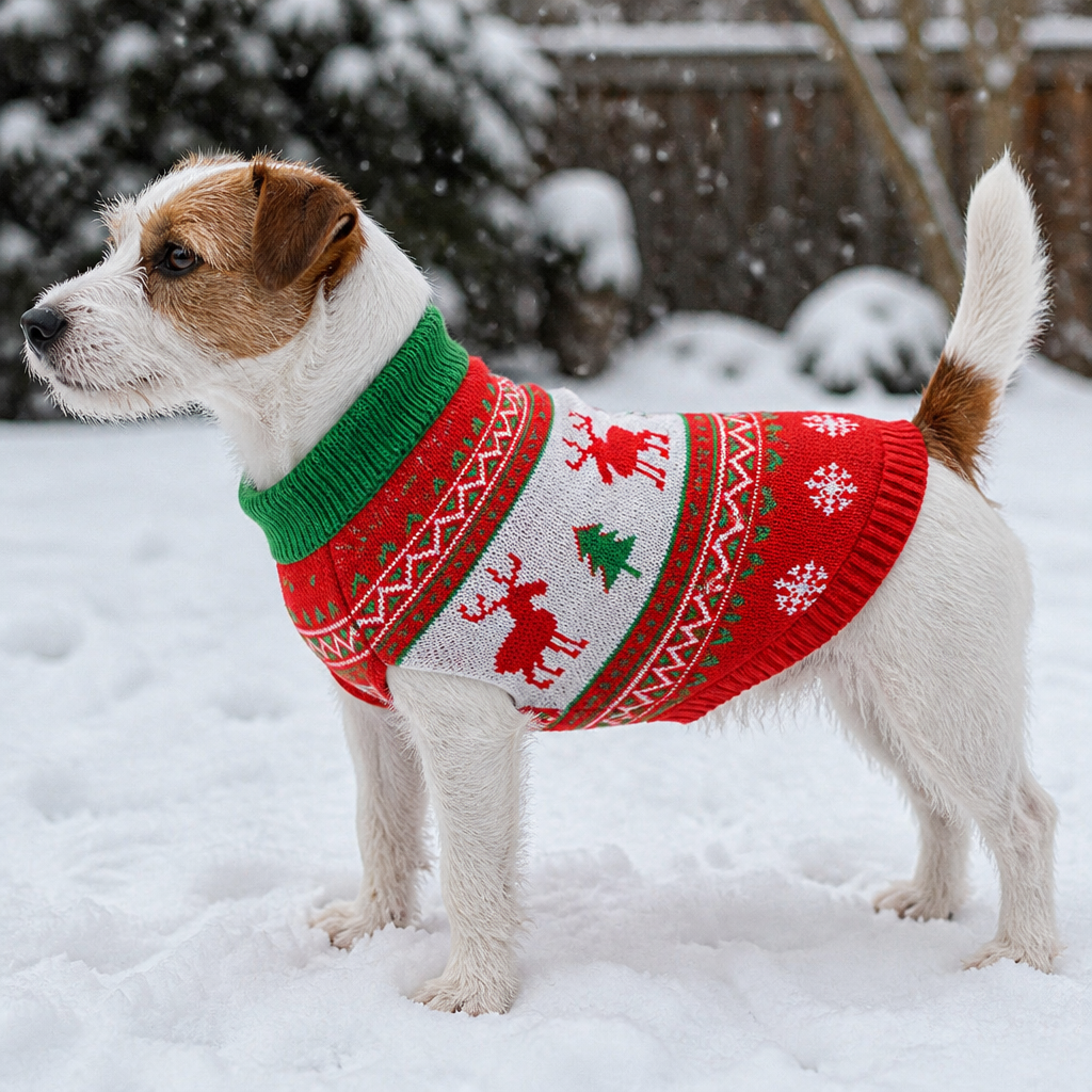 Jack Russell in reindeer Christmas sweater in the snow