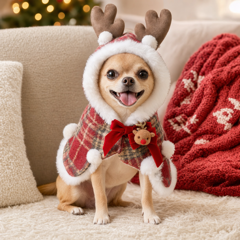 Chihuahua in plaid Christmas cape with reindeer antler hood