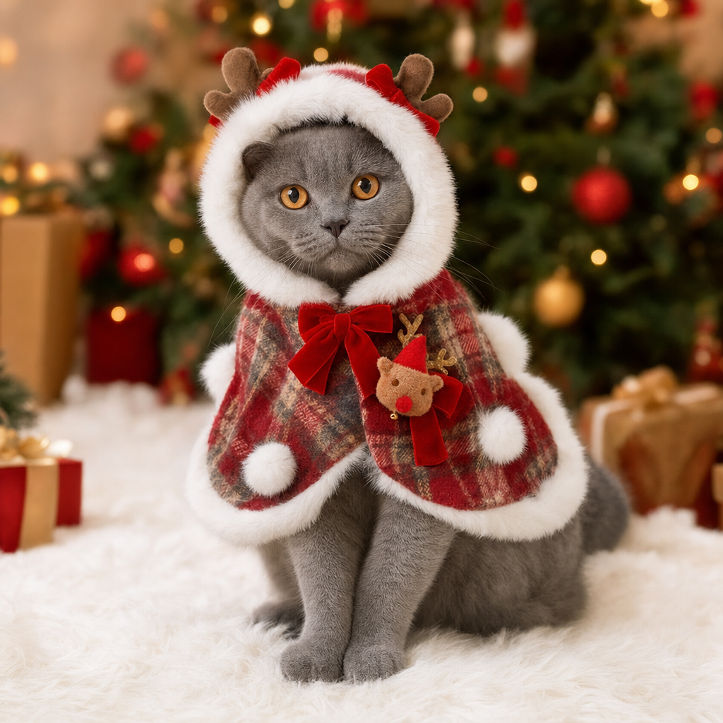 Cat wearing reindeer plaid Christmas cape by the Christmas tree