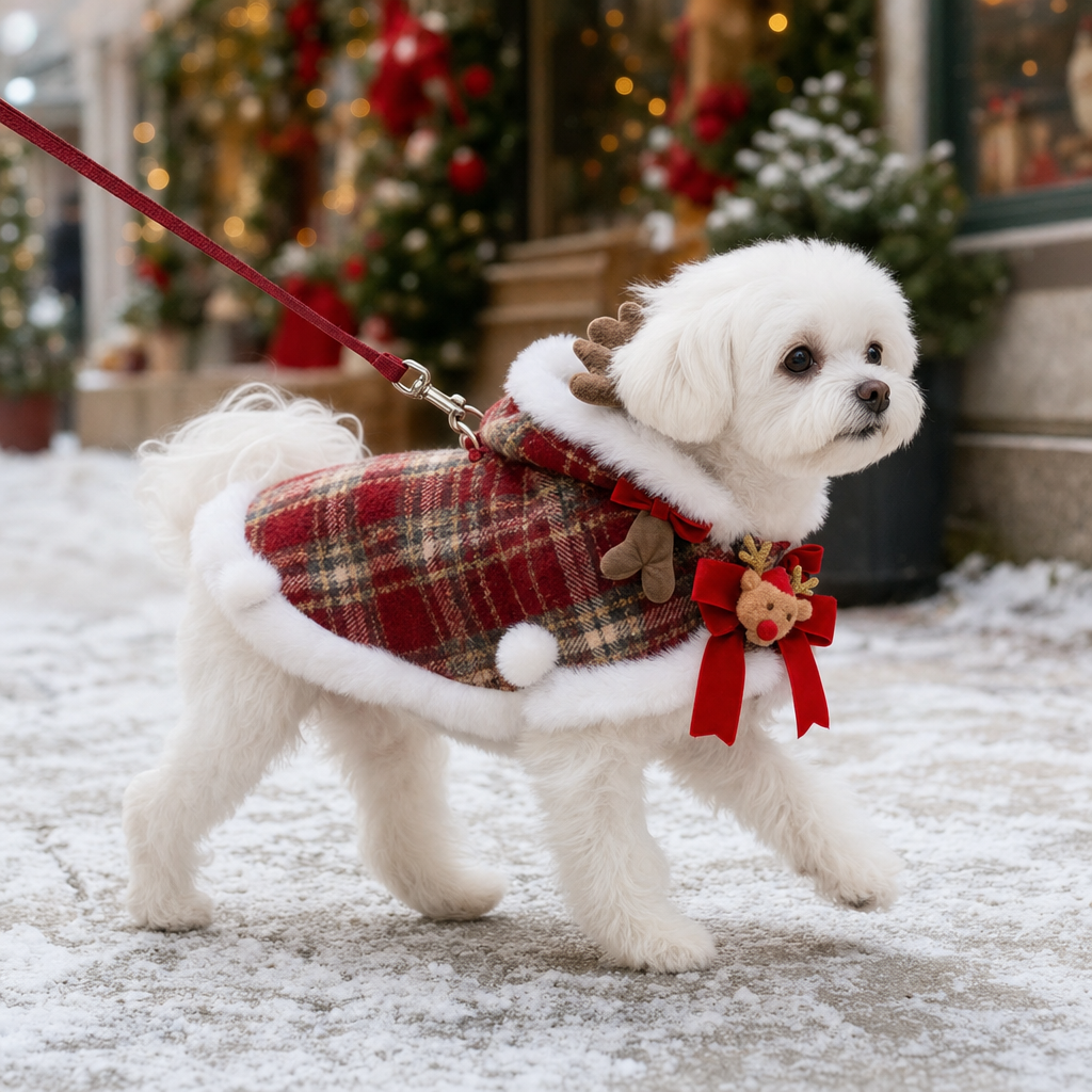 Maltese walking on leash wearing plaid Christmas cape with leash ring