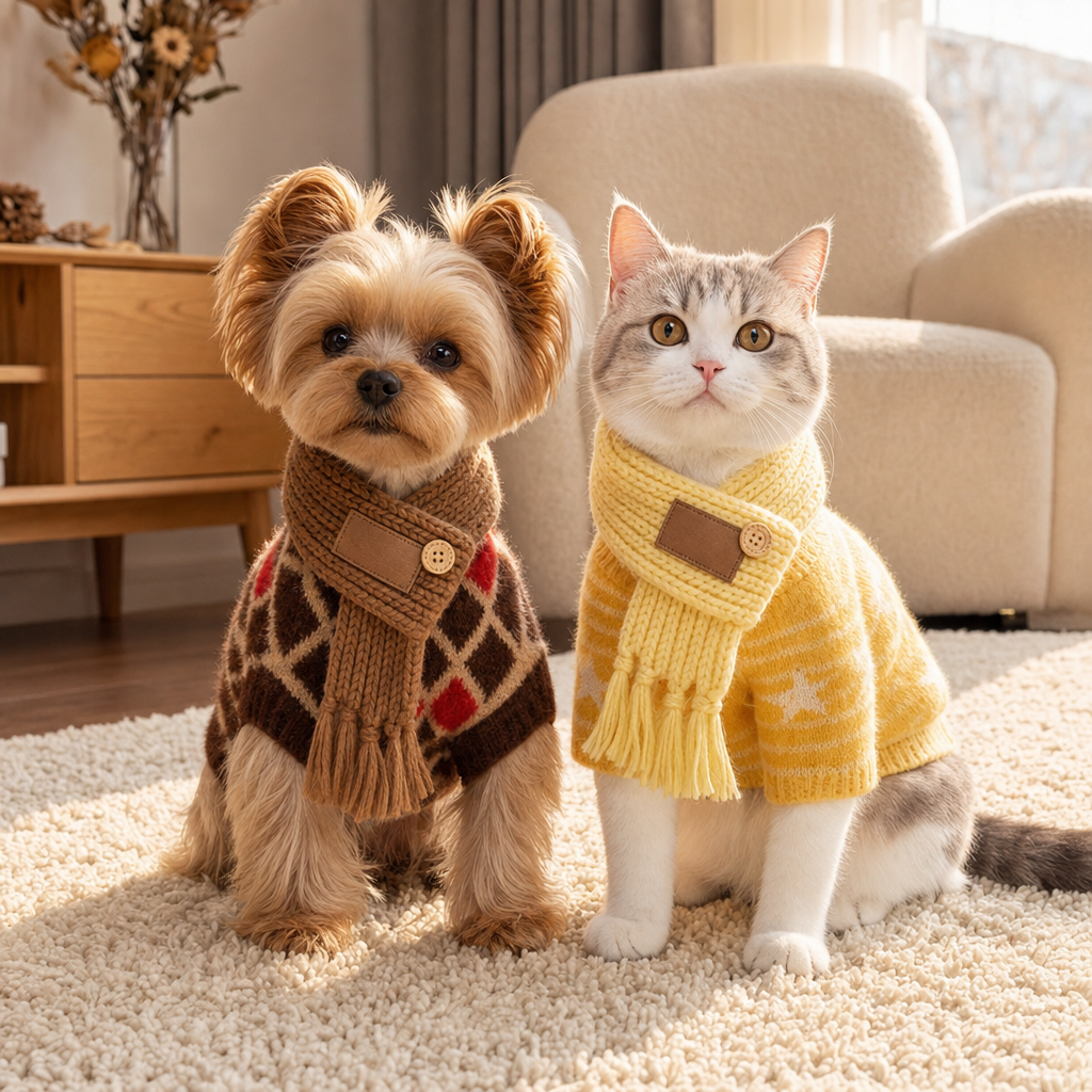 Dog and cat in matching knit sweater and scarf sets, brown and yellow