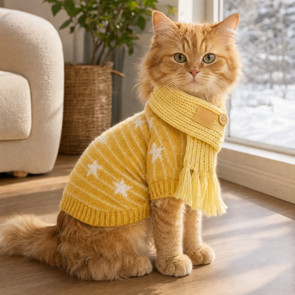 Cat wearing yellow star knit sweater and tassel scarf set