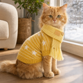 Cat wearing yellow star knit sweater and tassel scarf set