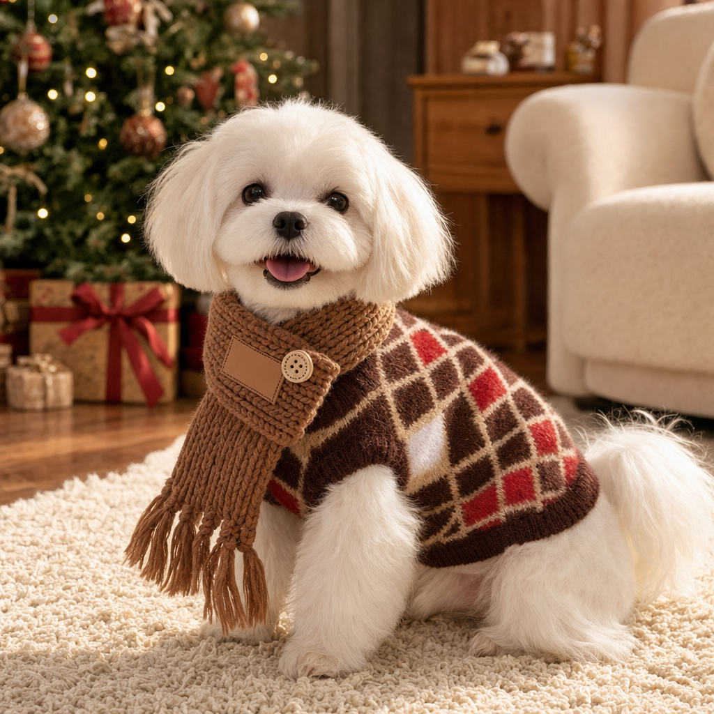 Small dog wearing brown argyle knit sweater and tassel scarf set