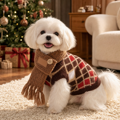 Small dog wearing brown argyle knit sweater and tassel scarf set