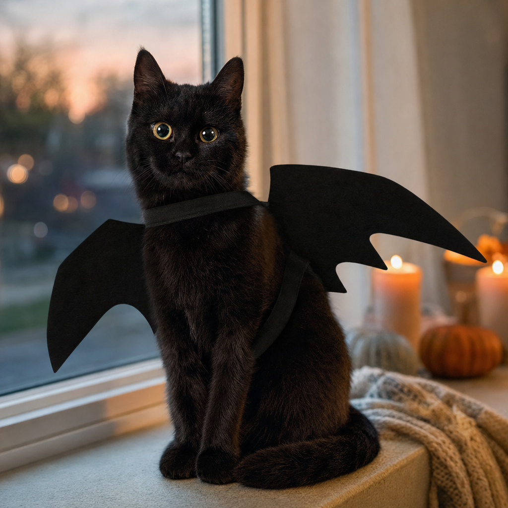 Black cat wearing bat wings pet costume