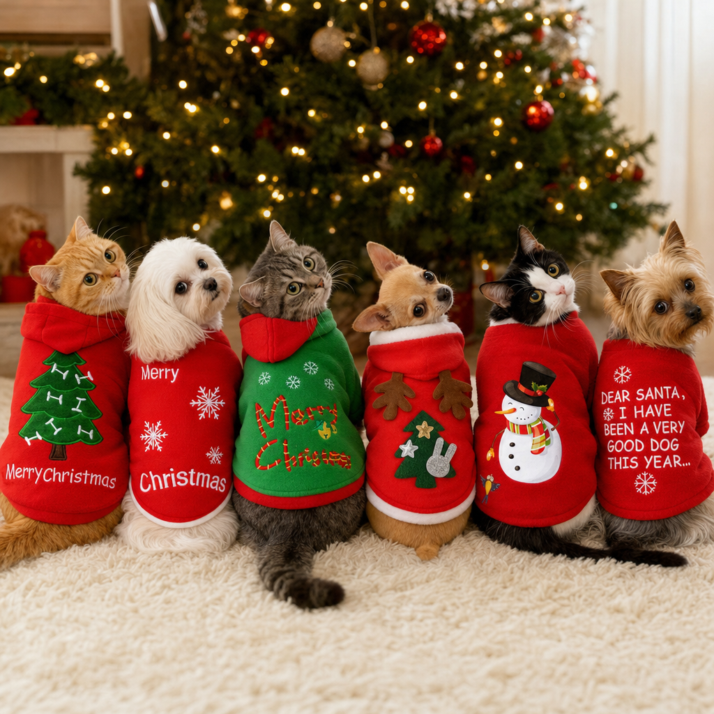 Six cats and small dogs wearing the 6 Christmas fleece pet top designs, prints on the back