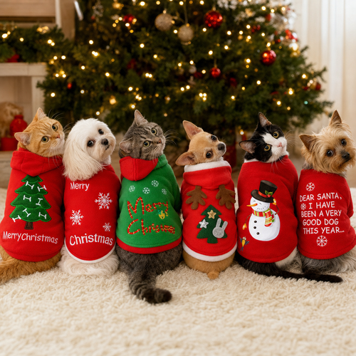 Six cats and small dogs wearing the 6 Christmas fleece pet top designs, prints on the back